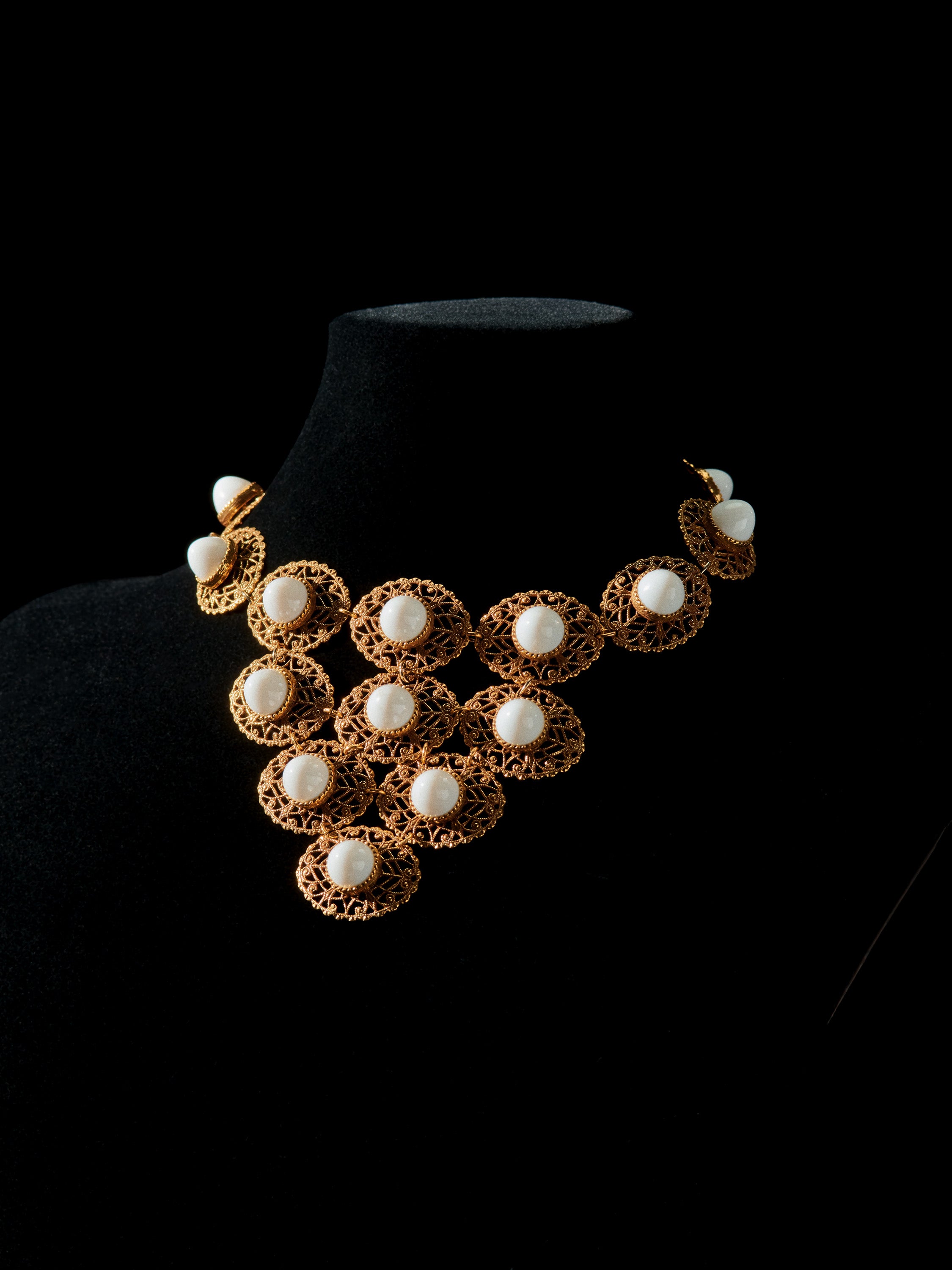 Gold Tone Filigree & White Cabochon Bib Necklace
