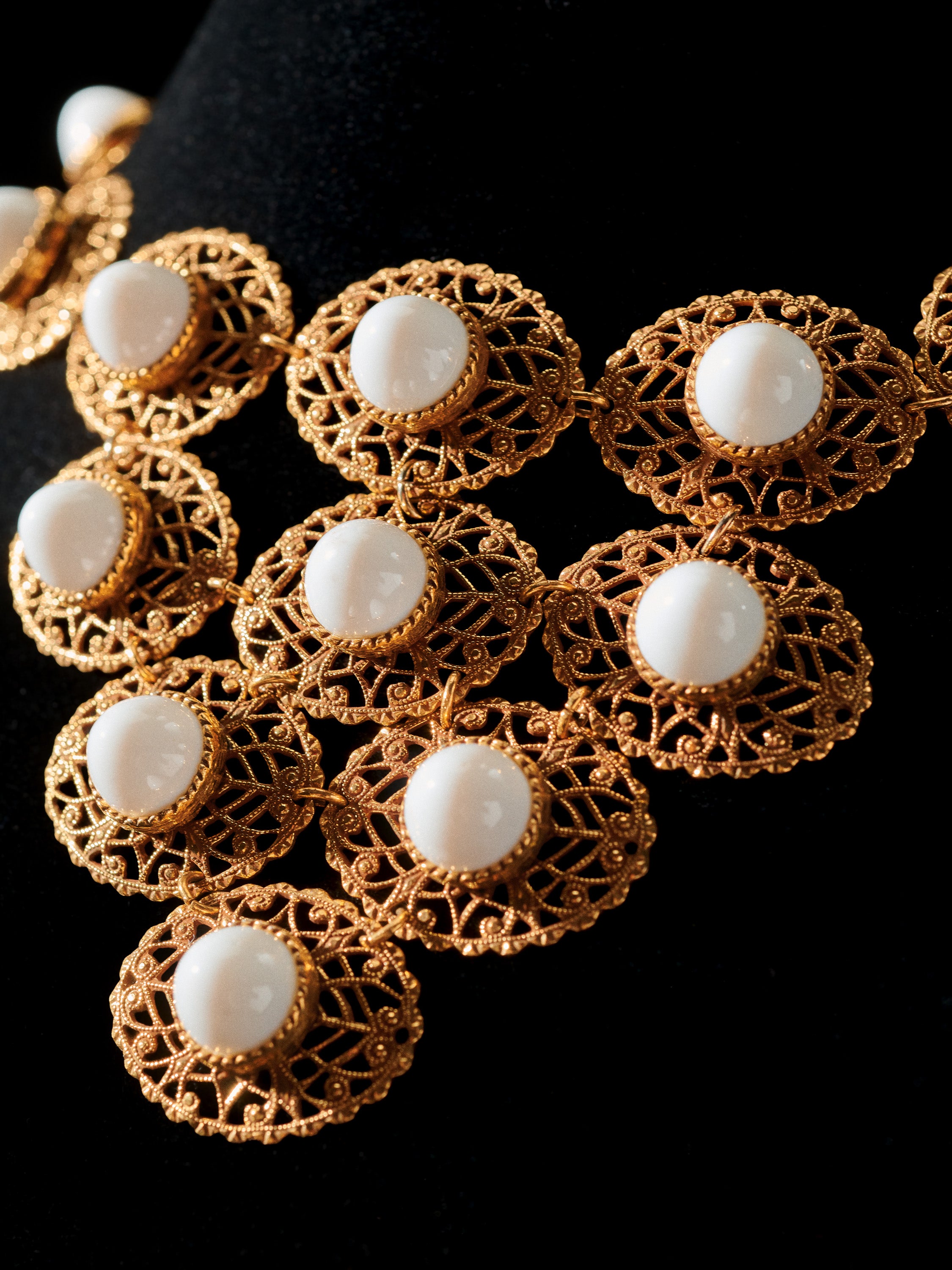 Gold Tone Filigree & White Cabochon Bib Necklace