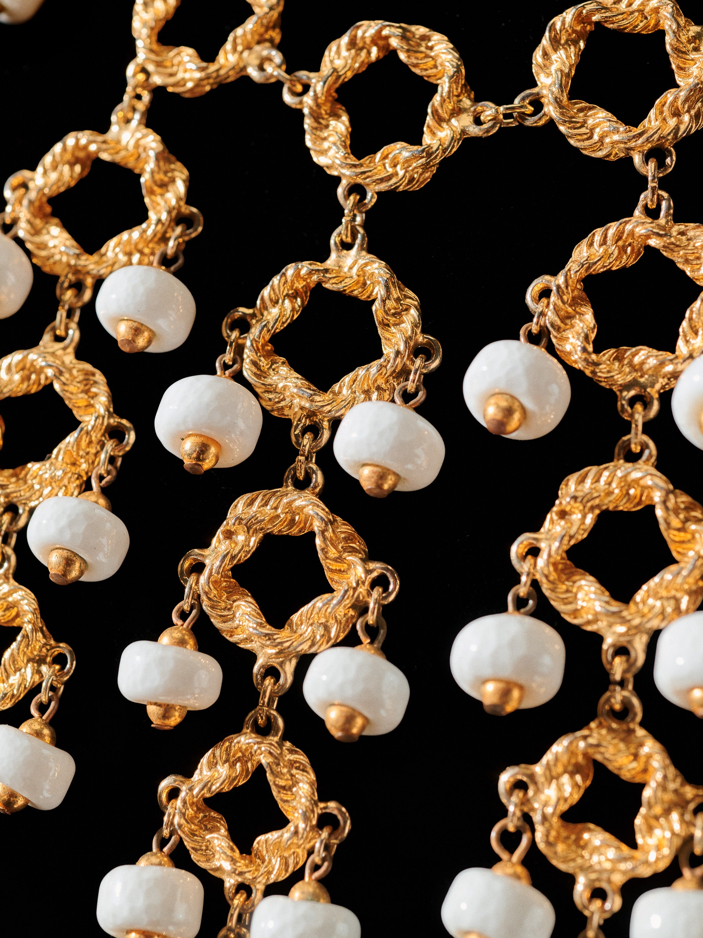 Gold Tone Layered Drops & Glass Beads Collar Necklace