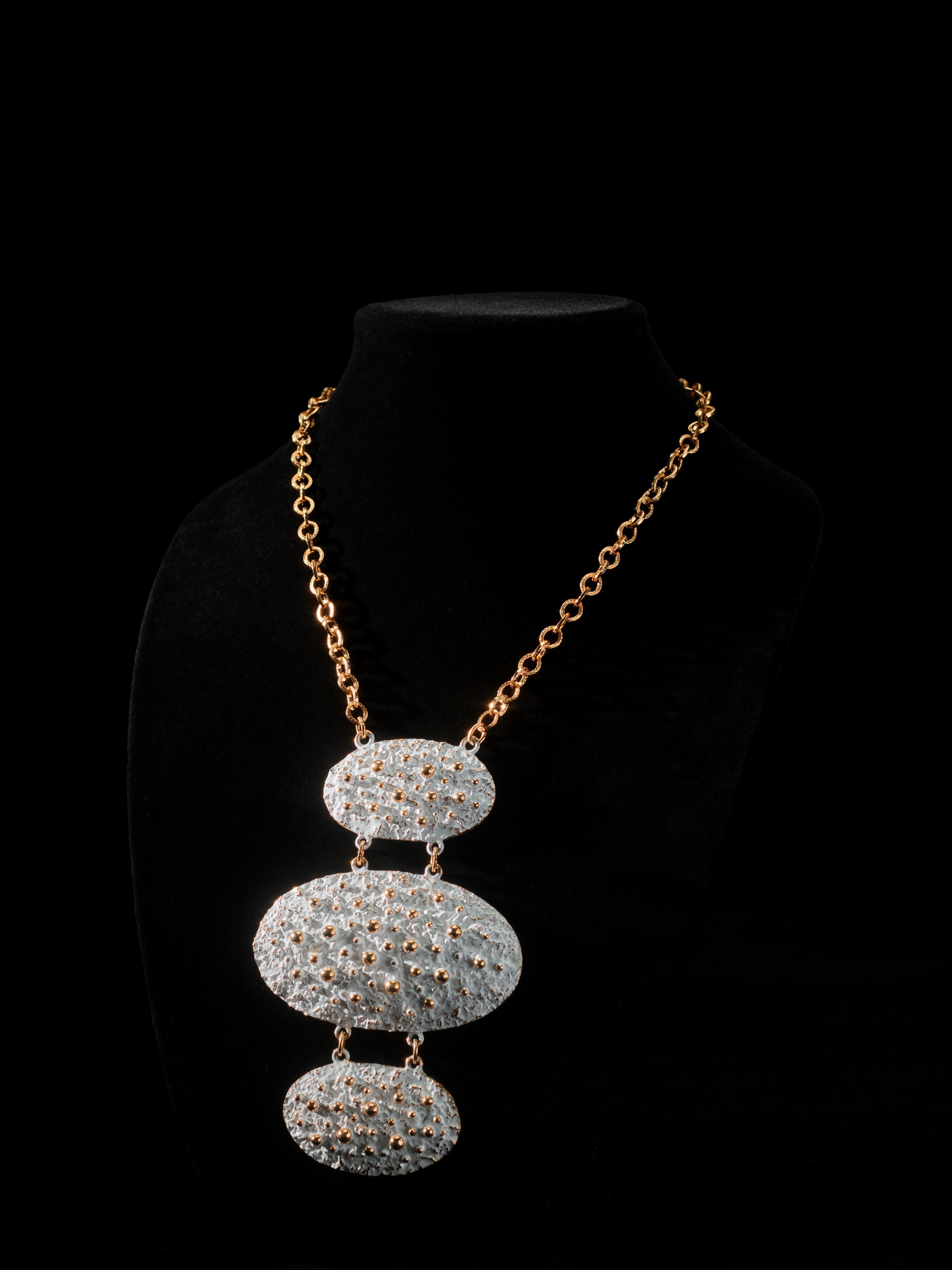Gold Tone & White Enamel Brutalist Textured Necklace