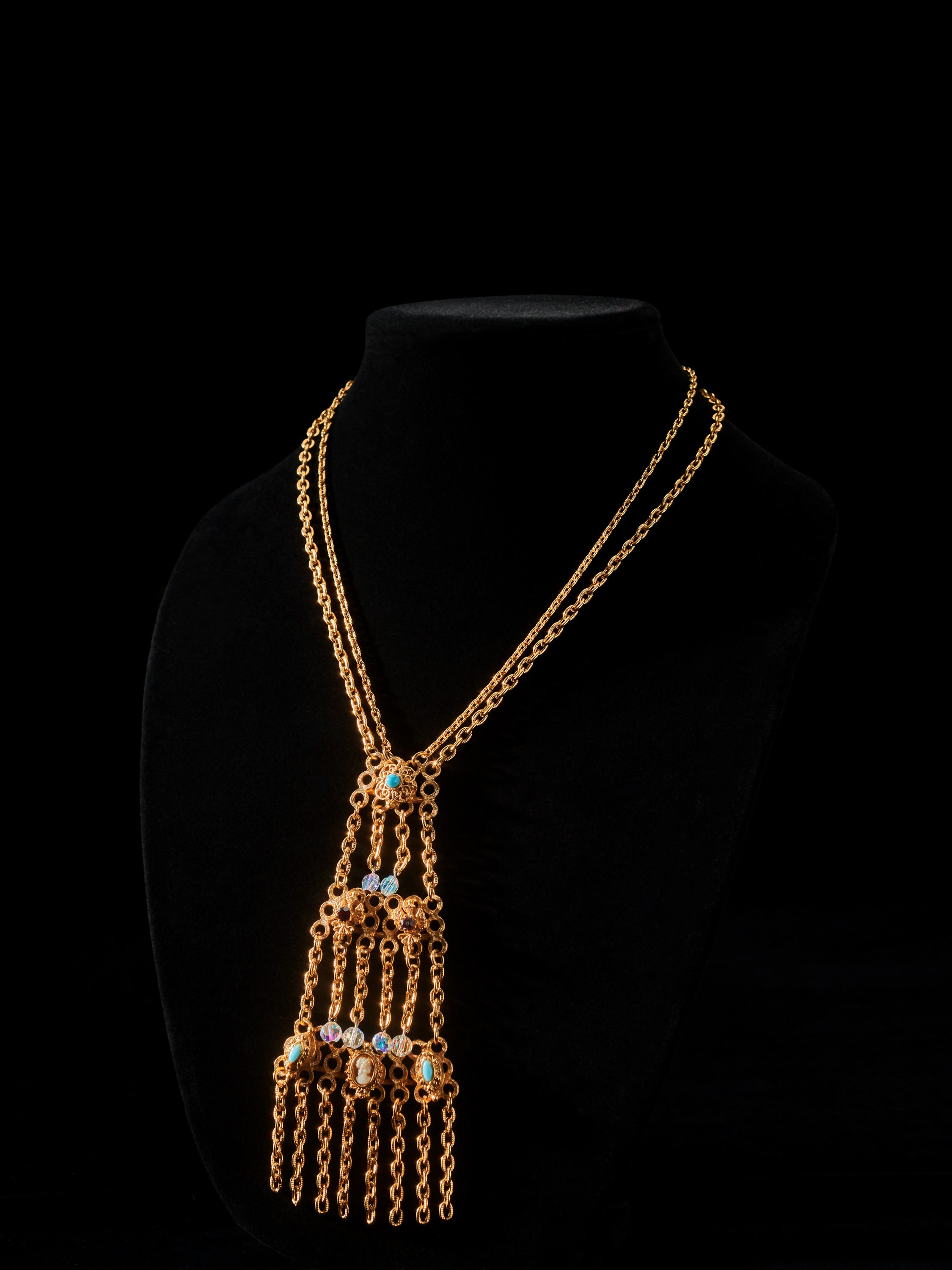 Gold Tone Cascading Double Chain Cabochon Necklace