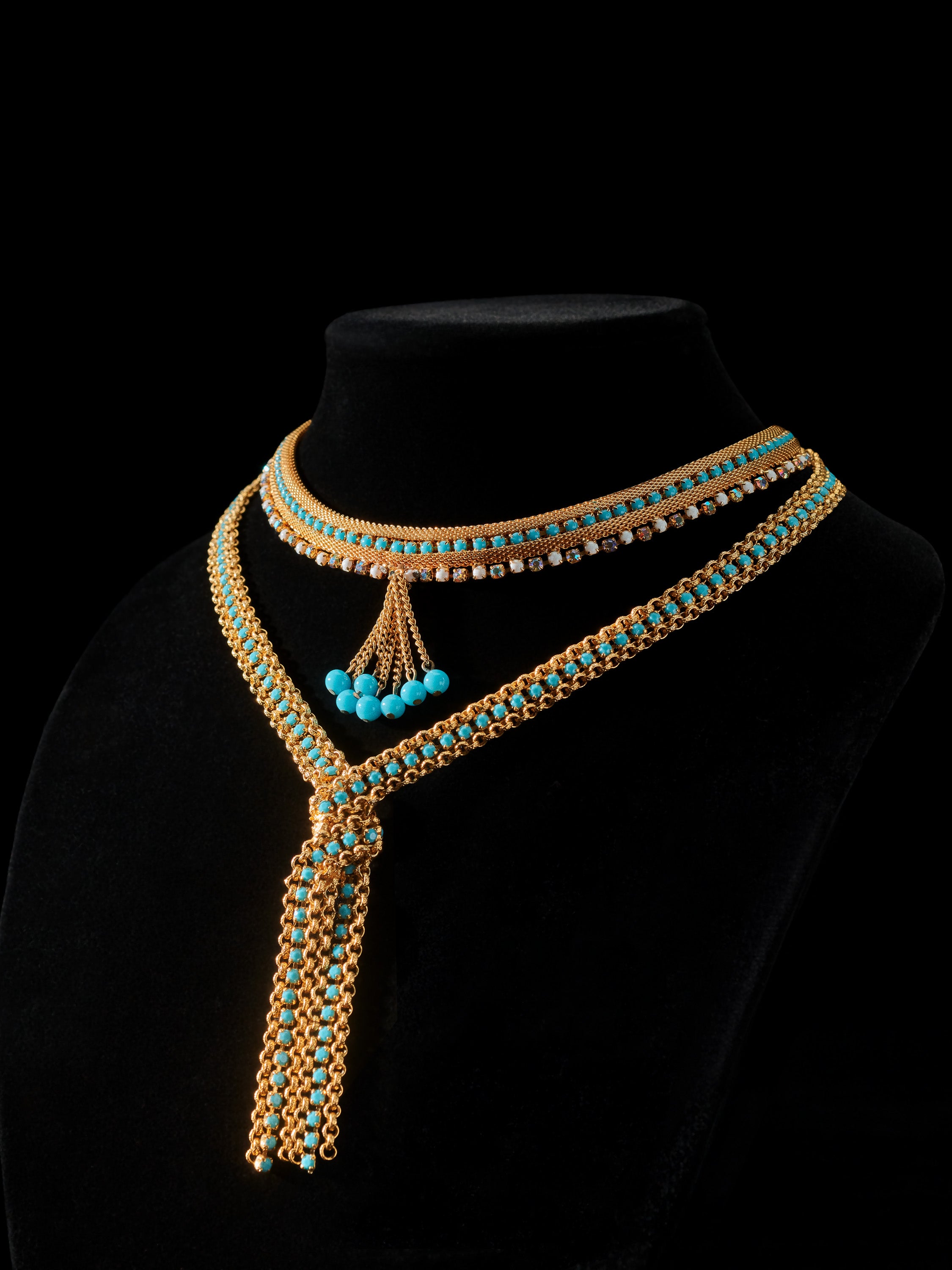 Gold Tone & Turquoise Diamanté  Lariat Necklace