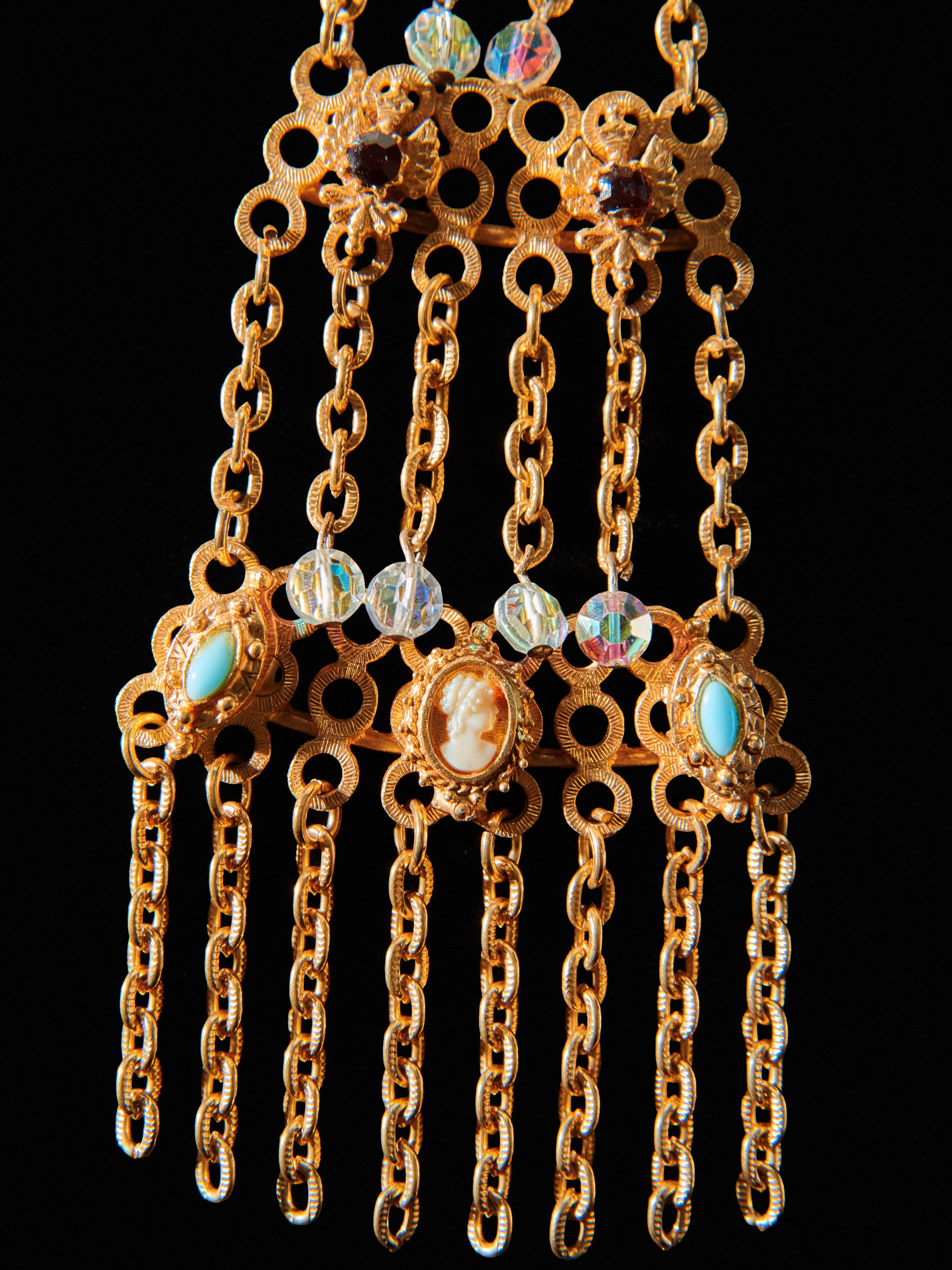 Gold Tone Cascading Double Chain Cabochon Necklace