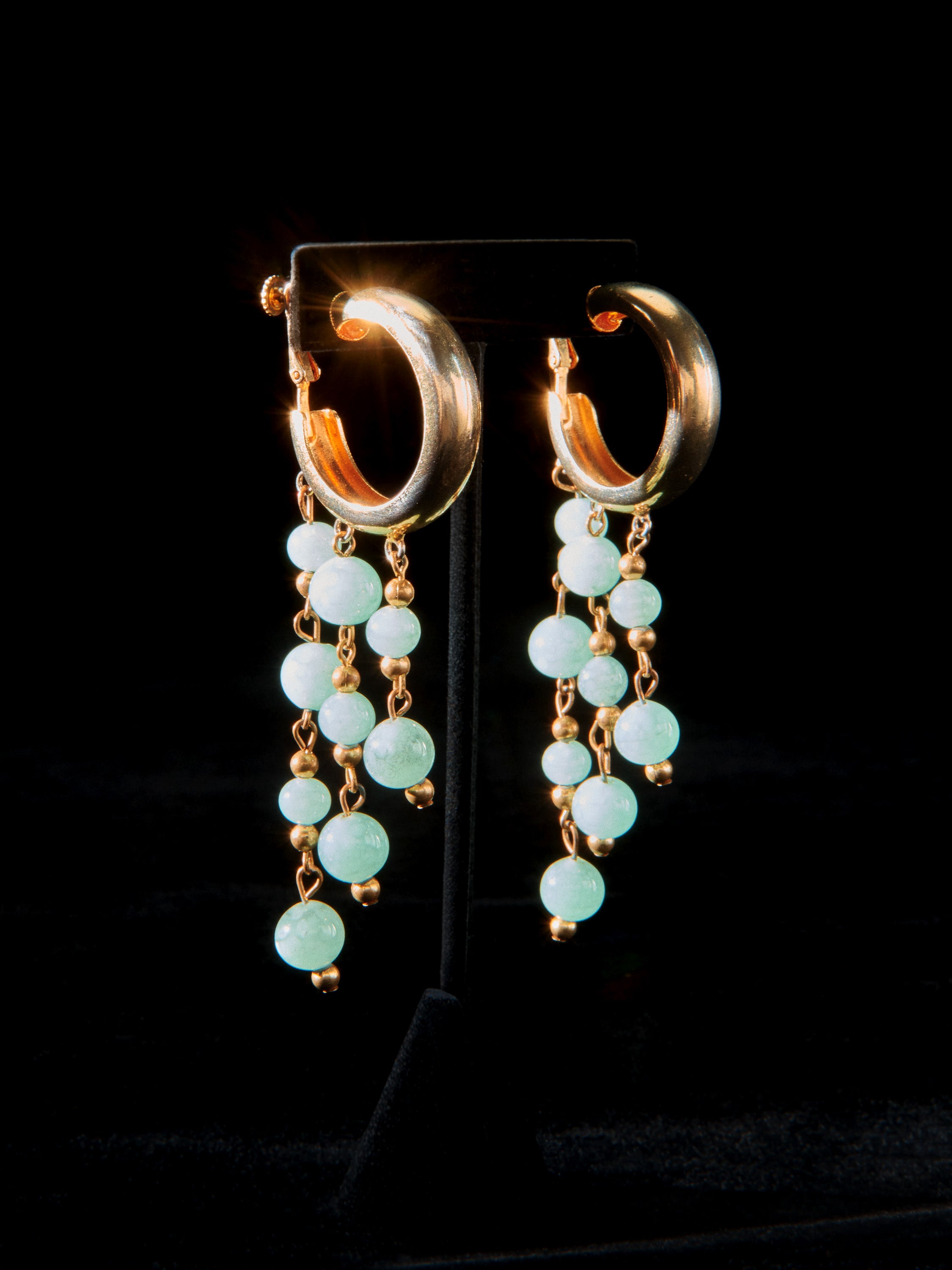 Gold Tone Cascading Green Stone Earrings